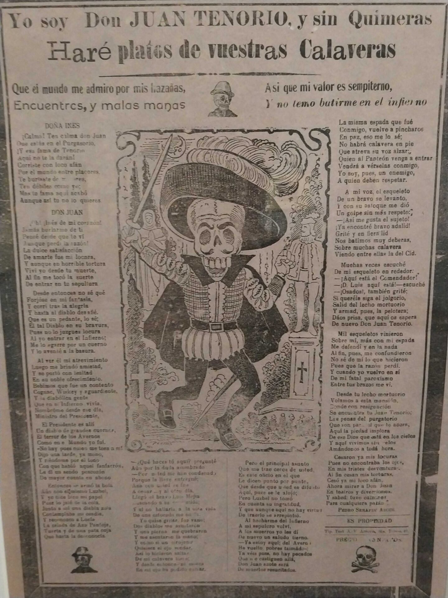 A woodblock print of José Guadalupe Posada's The Skeleton of Don Juan Tenorio, featuring a calavera waving a sword while wearing a swashbuckling outfit.