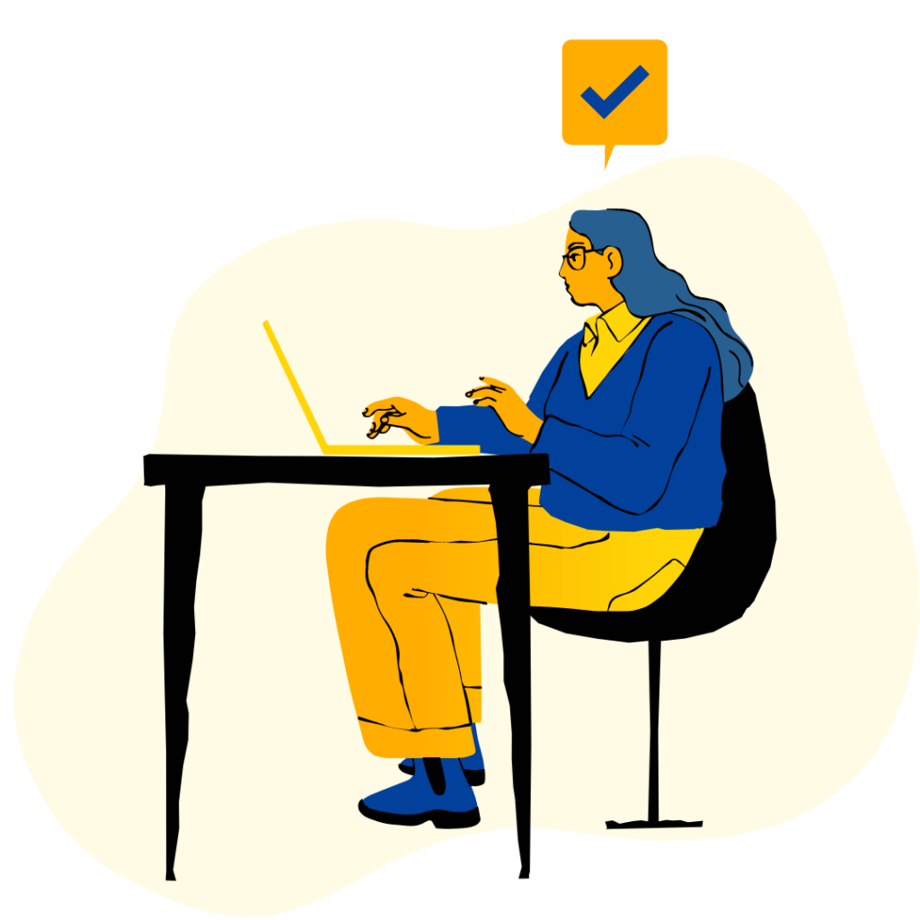 A cartoon woman wearing blue and yellow works at a laptop on a desk.