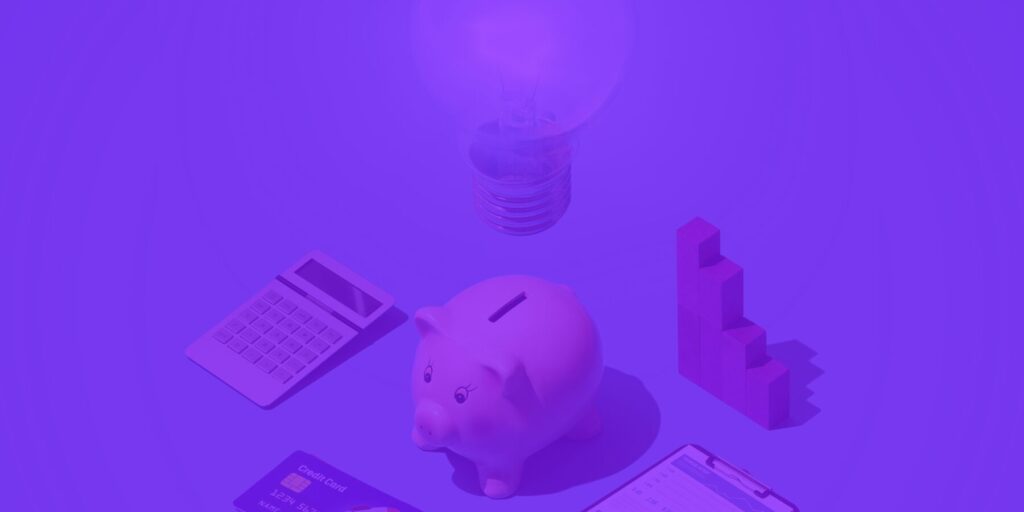 Illustrated array of a piggy bank, calculator, credit card, financial report, blocks symbolizing a bar chart, and a light bulb, all beneath a bright purple overlay.