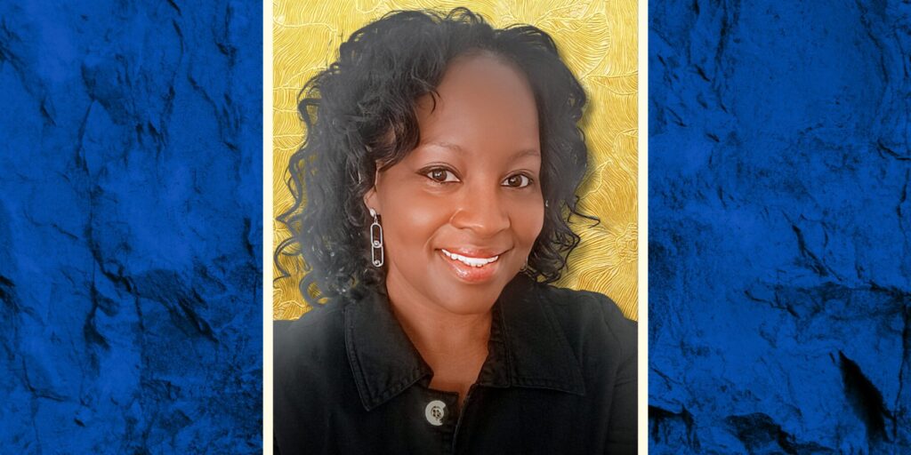Tanika Edmonds smiles in a black blouse and silver earrings. She's framed by a textured graphic gold, white, and blue background.