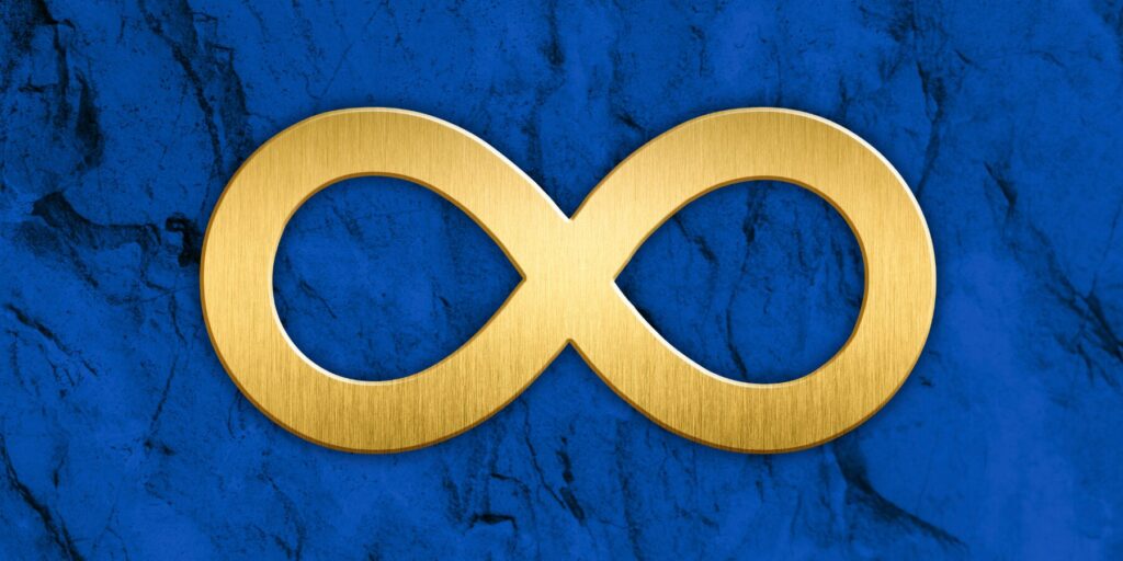 A gold infinity symbol on a textured blue background, representing the dignity and value of autistic people.