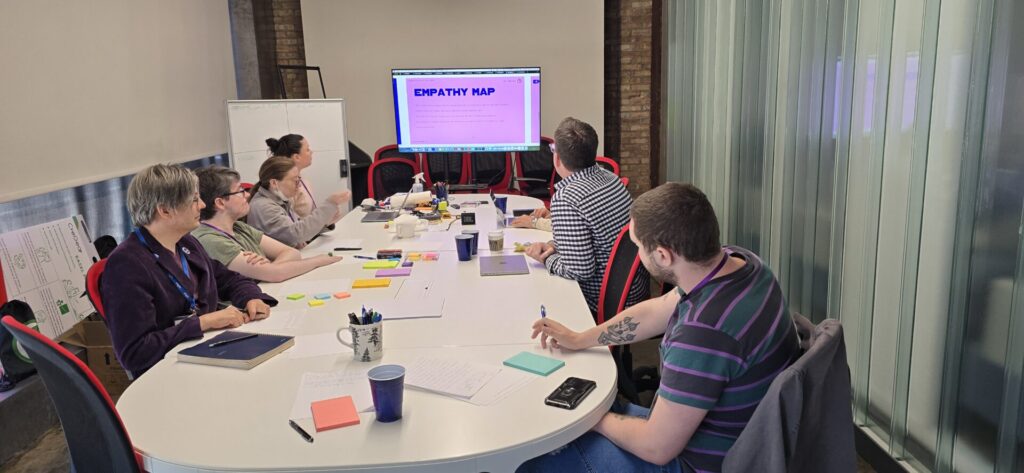 A small group of Aspiritech team members and associates site around a conference table and look at a screen that says "Empathy Map."
