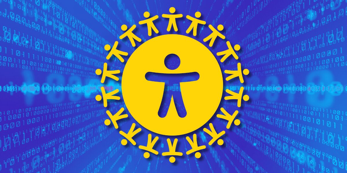 An accessibility symbol in yellow against a blue graphic background featuring lines of tech code.