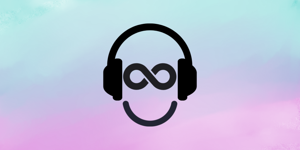 NDEAM 2026 icon: a stylized face wearing headphones, with an infinity symbol forming the eyes and a smiling mouth, on a teal-to-pink gradient background.